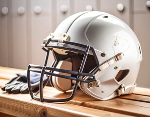 Fototapeta premium American football helmet and gloves resting on a wooden surface ready for game.