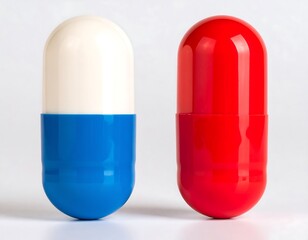 Two pills, one white/blue, one red, isolated
