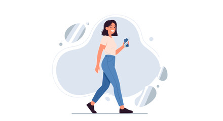 Woman Walking While Holding Water Bottle Against Decorative Pastel Background