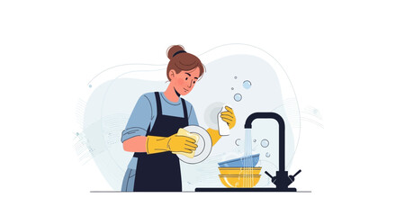 Woman Washing Dishes in Kitchen, Cleaning Hygiene Scene Illustration Concept