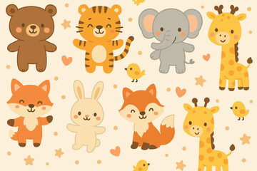 Cute cartoon animals pattern with cheerful expressions on a light background for kids