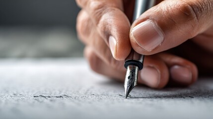 A realistic close-up of a hand signing a document with a pen, detailed paper texture, professional office style, natural shadows, no people visible except the hand, high quality
