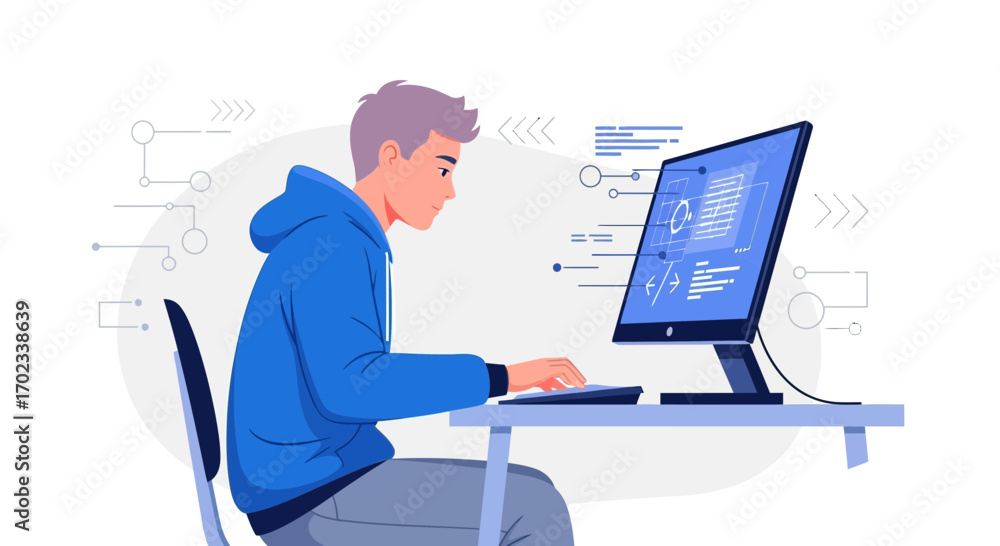 Wall mural Young Developer Coded Application On A Computer Displaying Software Code Effectively