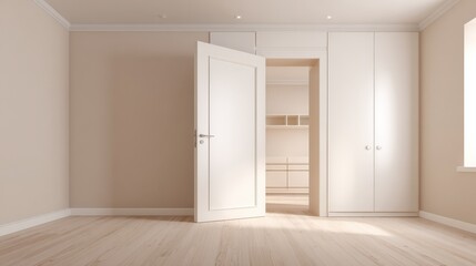 Bright, Minimalist Bedroom with Open Closet Door and Wooden Floor, showcasing modern interior design