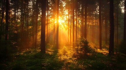 Fototapeta premium Serene Sunrise Through Tall Trees in Lush Green Forest Landscape