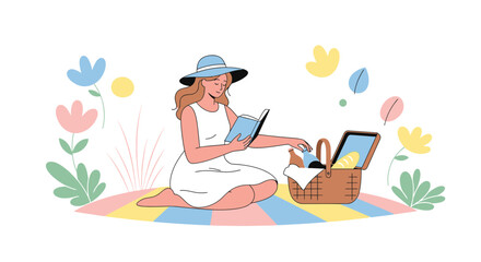 Fototapeta premium Woman enjoying picnic with food and drink while reading book in the park during summer