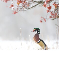 Winter woodland duck in snow