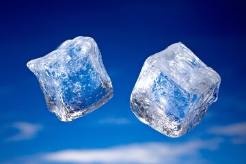 Obraz premium A close up of a body of water with ice cubes floating in it. floating ice cubes, blue sky background, hyperrealistic photography concept.