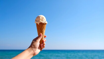 Hand holding ice cream cone on a beach