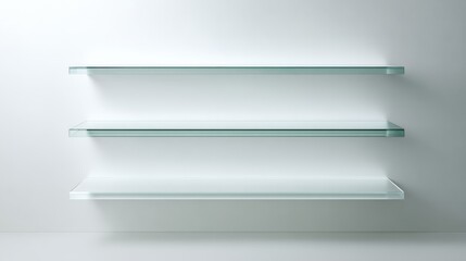 Three Minimalist Glass Shelves Mounted on a Clean White Wall for Display or Storage