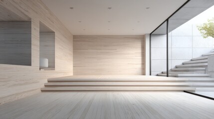 Fototapeta premium Minimalist Interior with Elevated Platform, Natural Light and White Stone Stairs in a Modern Open Space