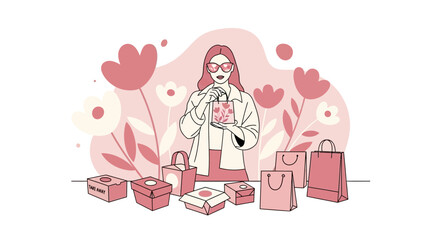 Fototapeta premium Woman Holding Shopping Bag Surrounded by Boxes and Flowers in a Pink Illustration