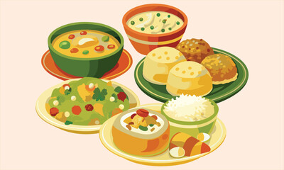 Traditional Food Clipart – Rice, Curry, Vegetables And Delicious Dishes Illustrations