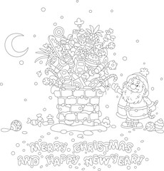 Merry Christmas and happy New Year card with Santa Claus and a pile of holiday gifts in an old bricky chimney on a snow-covered housetop on a snowy winter night, black and white vector cartoon