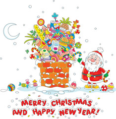 Merry Christmas and happy New Year card with Santa Claus and a pile of holiday gifts in an old bricky chimney on a snow-covered housetop on a snowy winter night, vector cartoon illustration on white