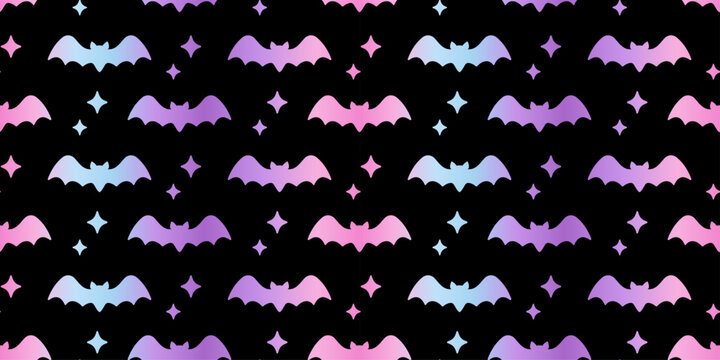 Seamless Halloween pattern with pastel gradient bats and sparkling stars on black background. Spooky gothic style for textiles, wrapping paper, party decor, stationery and scrapbooking.