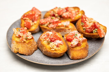 Healthy Food Concept – Baguette with Tomato, Cheese and Herbs, Close Up