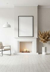 Fototapeta premium Modern Black Frame Mockup Above Fireplace with Burning Fire.