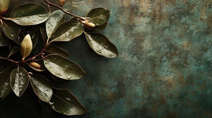 Fresh magnolia leaves and buds on a textured surface