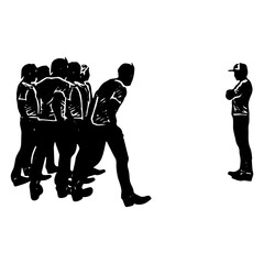 Silhouette vector of group of men facing one person, confrontation or discussion scene in black and white