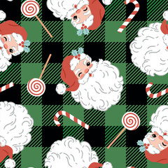 Seamless vector pattern with cute vintage Santa Claus on buffalo plaid background. Hand drawn retro Christmas pattern. Perfect for textile, wallpaper or nursery print design. EPS10 vector file.
