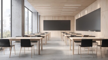Fototapeta premium Modern Classroom Interior with Desks, Chairs, and Blackboards Ready for Students and Education