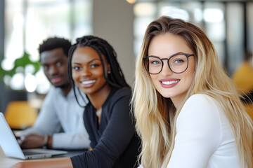 Diverse team smiles in a collaborative workspace