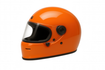 Studio shot of a vibrant orange motorcycle helmet with a transparent visor, isolated on a transparent background