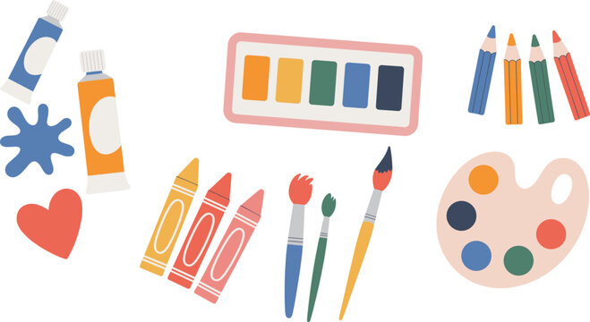 Set of colorful art supplies including paint tubes, watercolor palette, crayons, colored pencils, paint brushes, creative tools, drawing materials, kids art, artistic creativity, fun painting tools. - Powered by Adobe