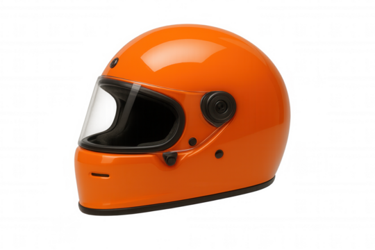 Studio shot of a vibrant orange motorcycle helmet with a transparent visor, isolated on a transparent background