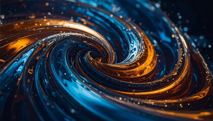 A dynamic, swirling composition featuring fluid, reflective bands of orange and blue, with light particles