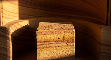 Close-up of Layered Sandstone Block with Warm Natural Lighting on Wooden Background