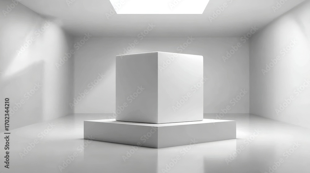 Poster minimalist display: white cube on platform in bright gallery space for product mockups