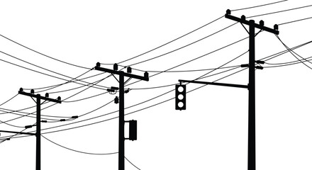 Power poles with numerous overhead electrical wires, urban traffic lights, energy transmission infrastructure, city utility network, electrical cables, traffic control system,