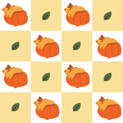 seamless pattern cute cartoon cat on the top of pumpkin. cute pattern for autumn vibe with patchwork style