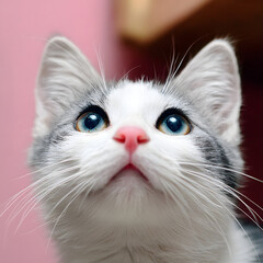Adorable kitten with bright blue eyes looking up