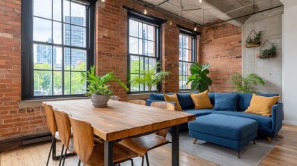 Fototapeta premium Stylish Loft Apartment with Exposed Brick, Wooden Table, Comfortable Seating, and City View