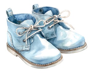 Charming watercolor painting of light blue baby boots with white laces on a white background