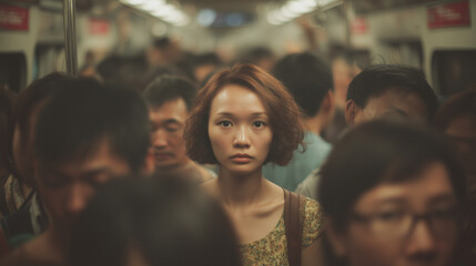 Asian woman stands out in crowded subway during rush hour in an urban setting