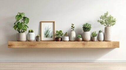 Indoor Plants on Wooden Shelf Against White Wall: Home Decor, Minimalist Style, Greenery