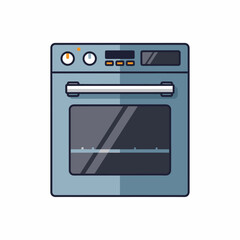 A modern, light blue kitchen oven with a digital display and control knobs, featuring a dark glass door and interior rack, isolated on a white background.