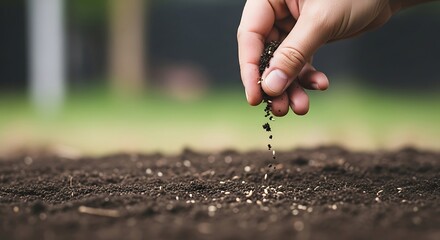 Hand sowing seeds into fertile soil for new growth and gardening.