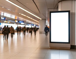 Blank digital advertising screen in a busy public transit station concourse.