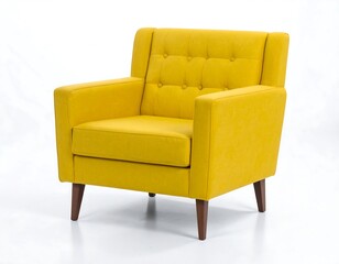 Yellow upholstered armchair against white background