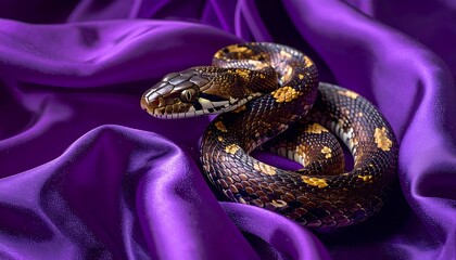 A detailed studio shot showcases a snake coiled on vibrant purple silk fabric, creating a luxurious, textured aesthetic