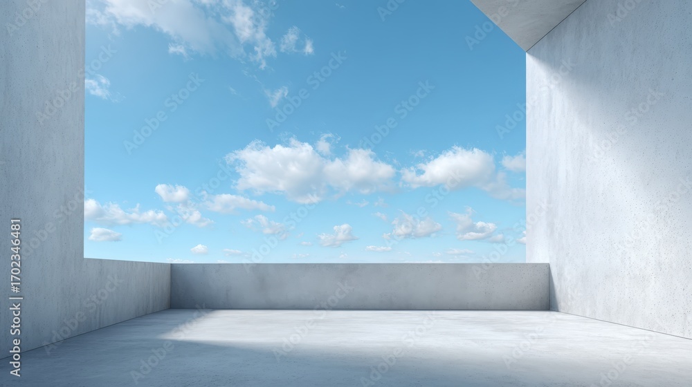 Poster minimalist architecture perspective with open sky, concrete structure, and natural light for modern 