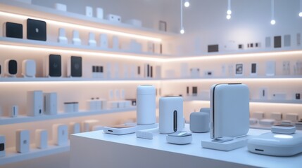 Modern tech display showroom, showcasing smart home devices. Possible use Stock photo for online retail or home tech magazines