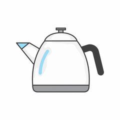 Obraz premium A simple illustration of a white electric kettle with a black handle and grey base.
