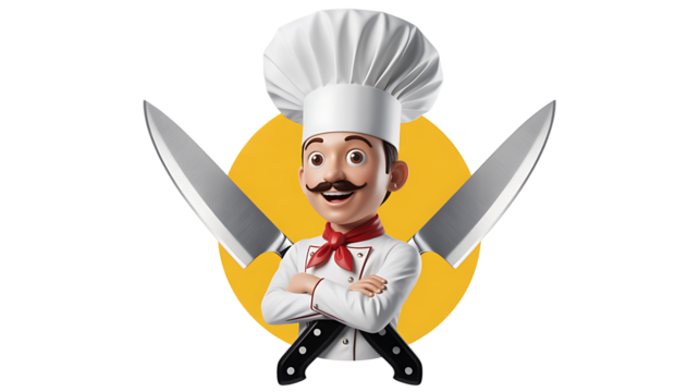 Cartoon chef with two knives isolated on transparent background
