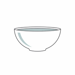A simple line art illustration of a white ceramic bowl filled with a light blue liquid, set against a plain white background.